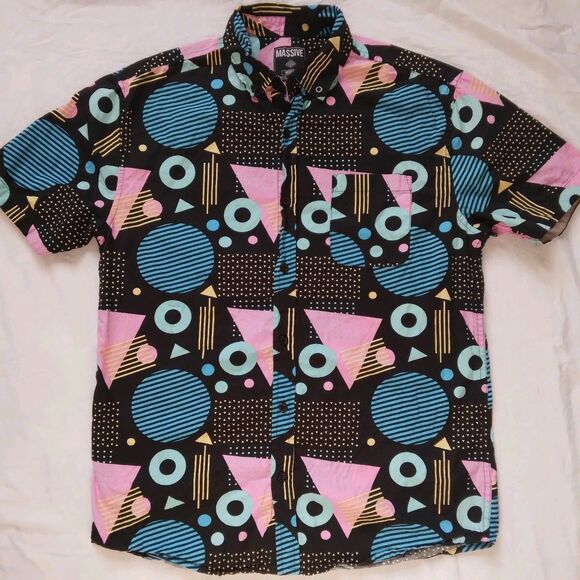 Massive Shirt Short Sleeve Button Up Colorful Geometric Retro Mens Medium - Picture 2 of 11